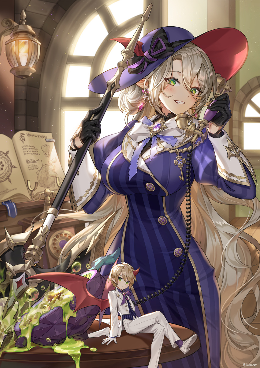 1boy, 1girl, axe, blonde_hair, blush, book, bow, breasts, brooch, crossed_legs, dress, earrings, formal, green_eyes, grin, hat, hat_ribbon, highres, horns, impossible_clothes, impossible_dress, jewelry, key, lamp, large_breasts, long_hair, looking_at_viewer, magic_circle, mole, mole_under_eye, original, phone, pointy_ears, purple_dress, ribbon, rotary_phone, single_horn, sitting, smile, striped, striped_dress, suit, sun_hat, tailcoat, tomogy, tooth, vertical_stripes, very_long_hair, window, wings, witch