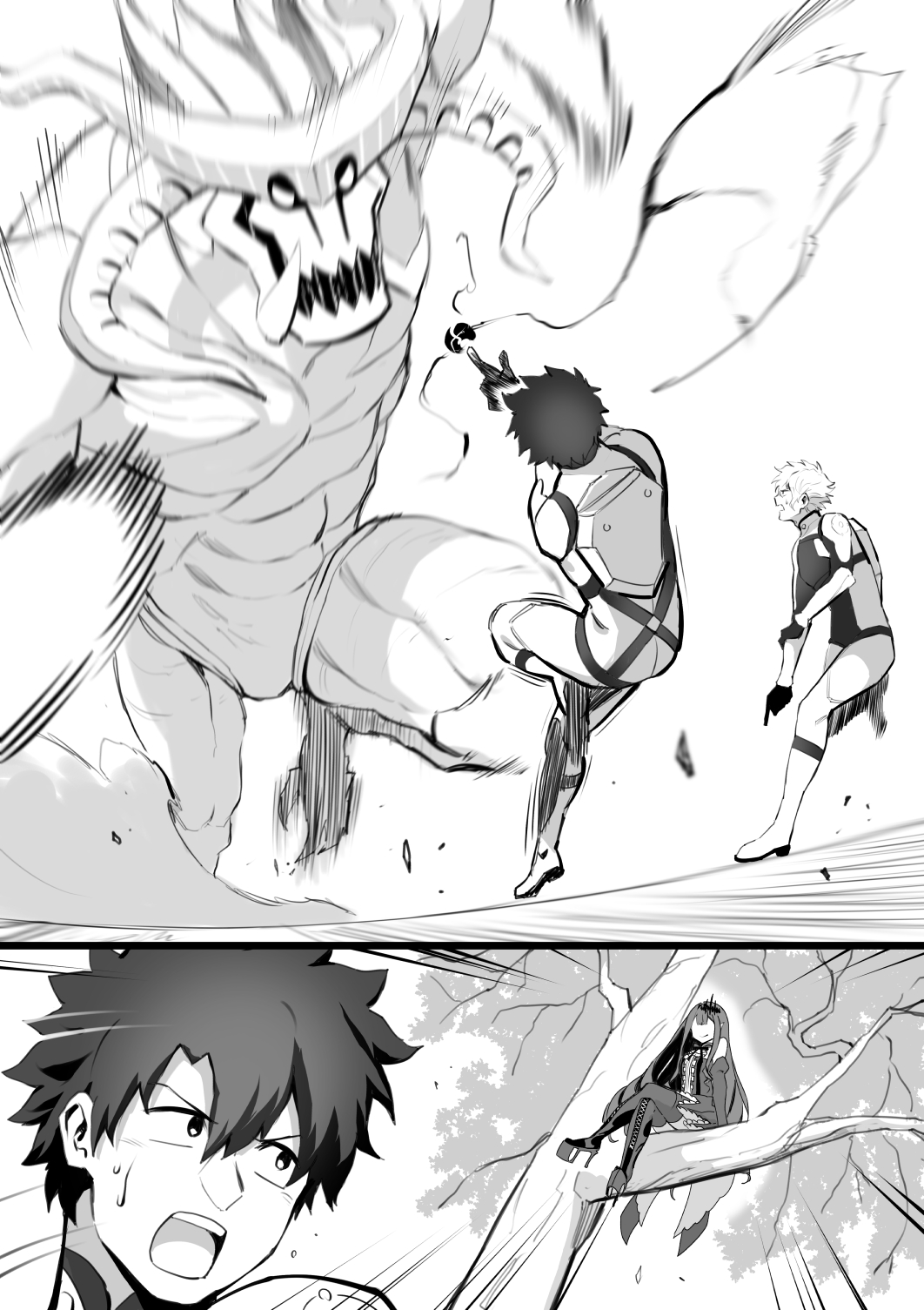 1girl, 2boys, akizora, battle, boots, chaldea_combat_uniform, crossed_legs, demon
