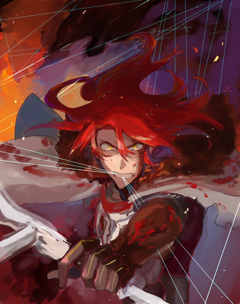 1boy, black_gloves, blood, bloody_clothes, bow_(weapon), cape, failnaught_(fate), fate/grand_order