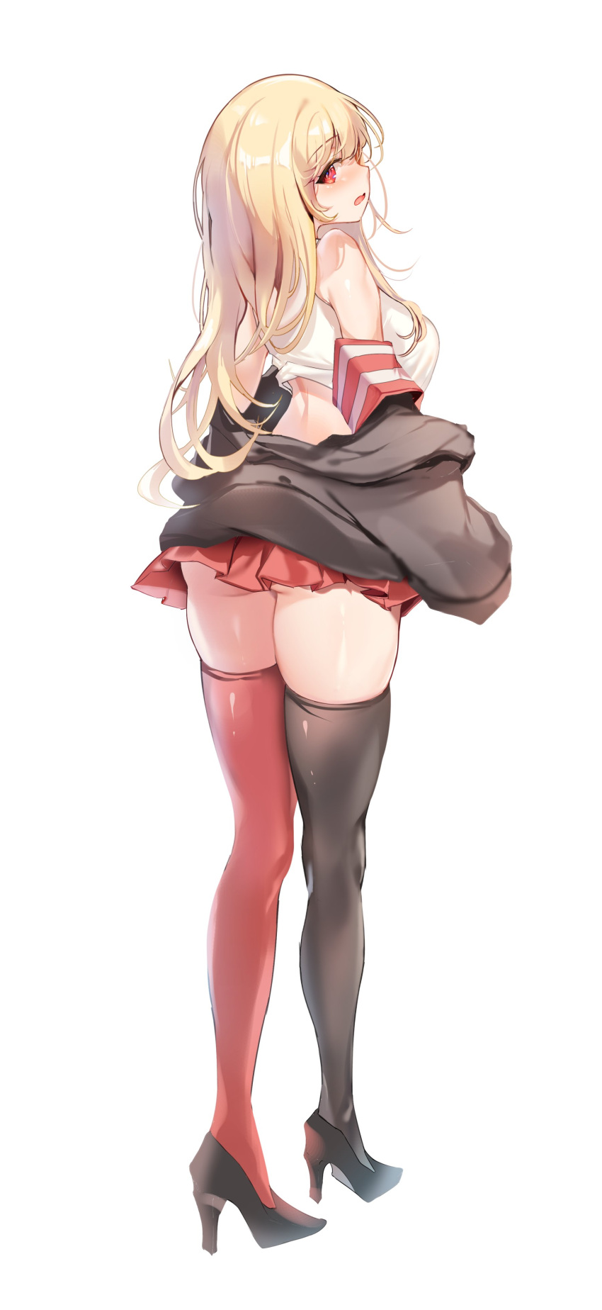 1girl, absurdres, ass, asymmetrical_legwear, bare_shoulders, black_footwear, black_jacket, black_legwear