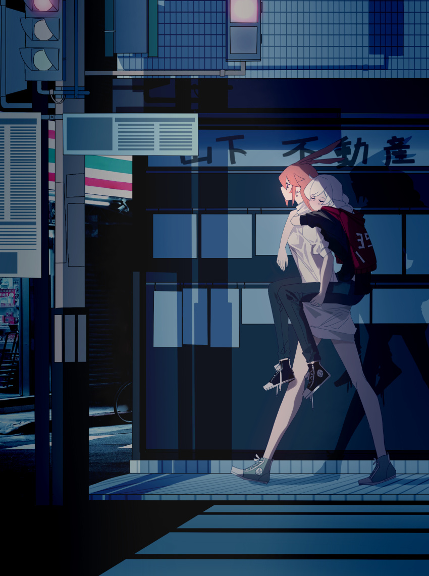 2girls, animal_ears, black_footwear, black_shirt, blaise_(akigayakozato), blue_footwear, blue_pants, blush
