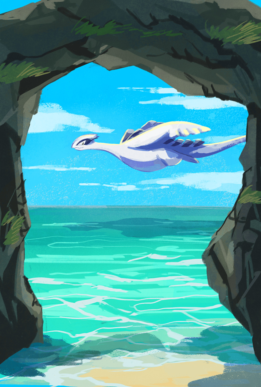 arch, black_eyes, closed_mouth, clouds, commentary_request, day, flying, gen_2_pokemon, highres, legendary_pokemon, looking_back, lugia, mo~zu, no_humans, outdoors, pokemon, pokemon_(creature), sky, smile, solo, water
