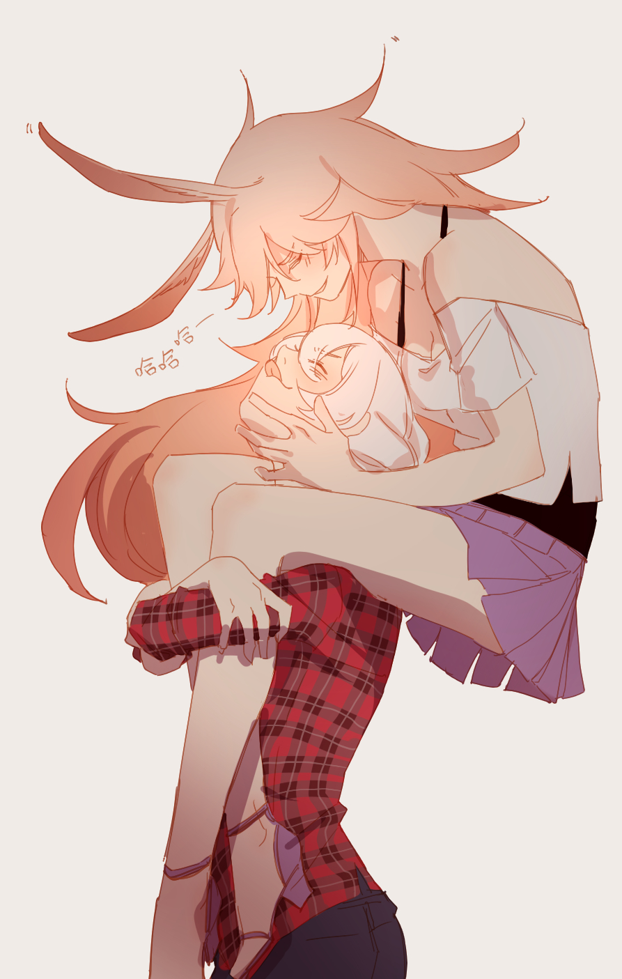 2girls, :p, animal_ears, bangs, beige_background, blaise_(akigayakozato), blue_pants, braid
