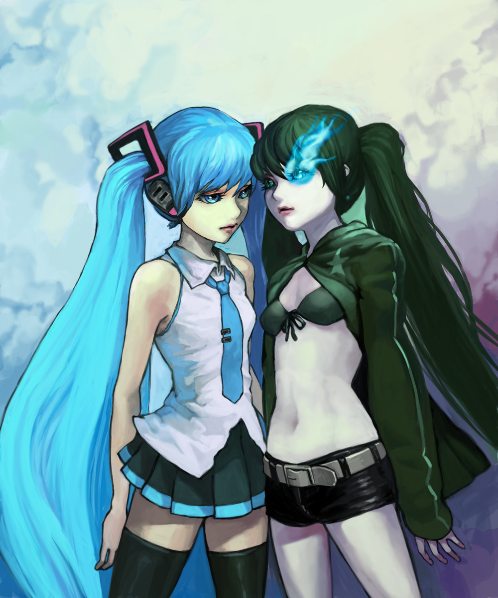 aqua_hair, bad_id, bare_shoulders, bikini_top, black_hair, black_rock_shooter, black_rock_shooter_(character), coat