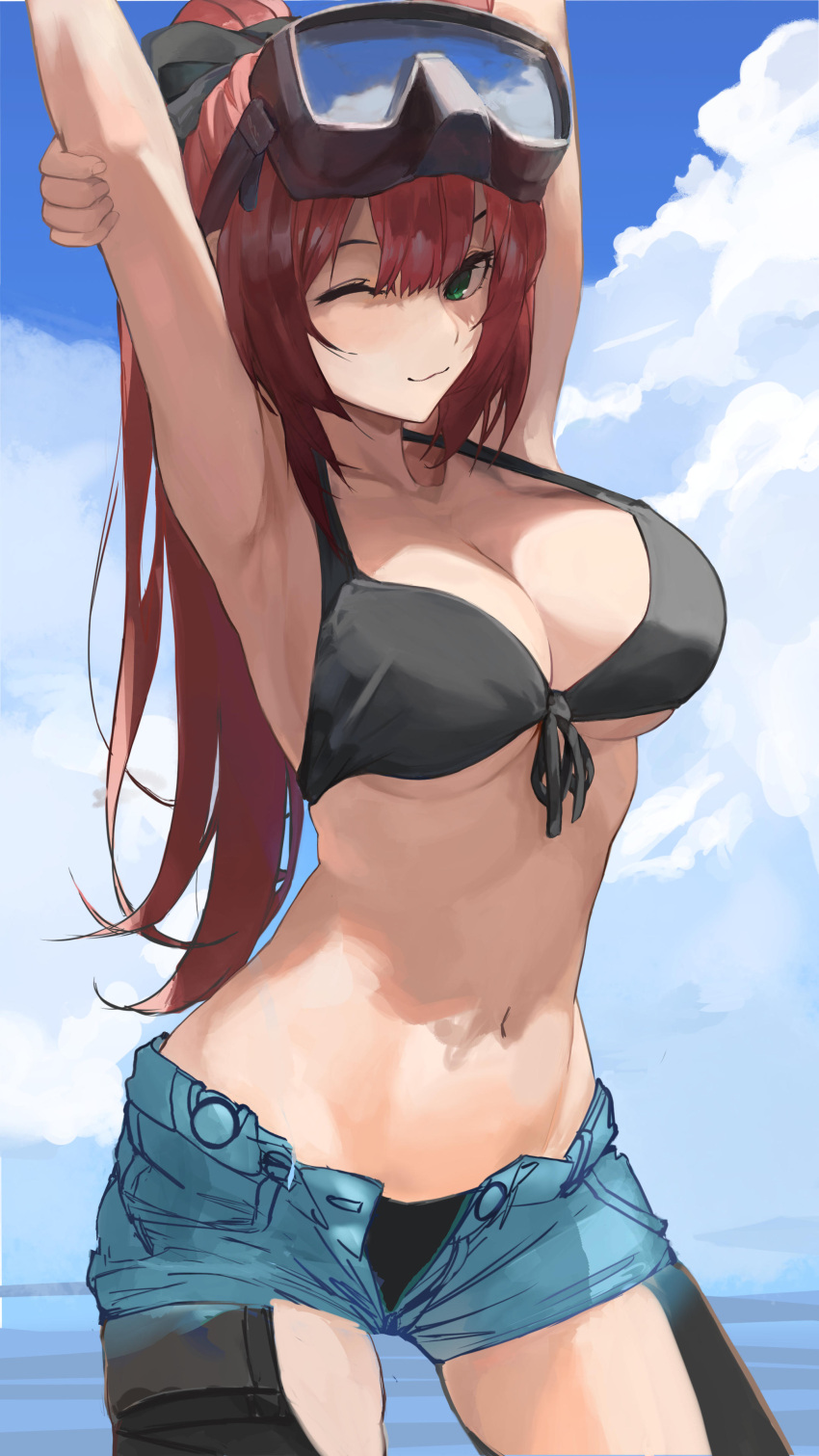 1girl, absurdres, arms_up, bafangyu, bangs, bikini, black_bikini, black_legwear