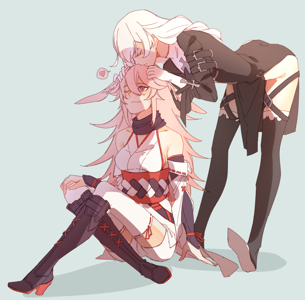 2girls, animal_ears, bangs, bare_shoulders, black_footwear, blaise_(akigayakozato), boots, braid, braided_ponytail, breasts, closed_eyes, closed_mouth, forehead_kiss, fox_ears, full_body, gloves, hair_between_eyes, heart, honkai_(series), honkai_impact_3rd, kallen_kaslana, kiss, long_hair, long_sleeves, looking_at_another, multiple_girls, nun, one_eye_closed, pink_hair, purple_footwear, sideboob, simple_background, sitting, smile, speech_bubble, standing, thigh-highs, thigh_boots, violet_eyes, white_gloves, white_hair, white_legwear, yae_sakura, yae_sakura_(gyakushinn_miko), yuri