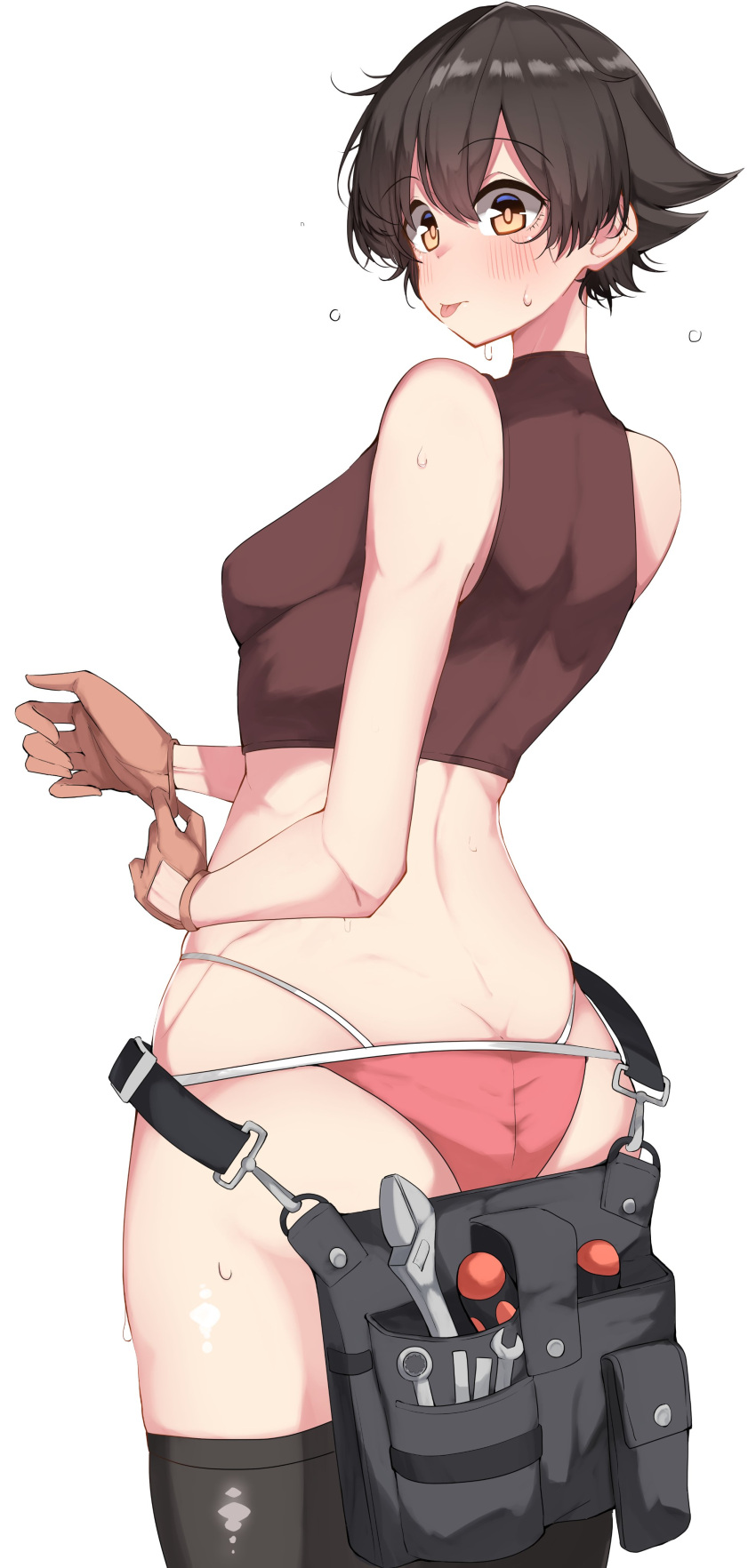 1girl, :p, absurdres, adjustable_wrench, adjusting_clothes, adjusting_gloves, antyobi0720, ass, back, bangs, black_legwear, black_shirt, blush, brown_eyes, brown_hair, closed_mouth, eyebrows_visible_through_hair, from_behind, girls_und_panzer, gloves, highres, looking_at_viewer, looking_back, mechanic, multi-strapped_panties, nakajima_(girls_und_panzer), panties, red_panties, screwdriver, shirt, short_hair, simple_background, sleeveless, sleeveless_shirt, smile, solo, standing, sweat, thigh-highs, tongue, tongue_out, tool_belt, tools, underwear, white_background, wrench