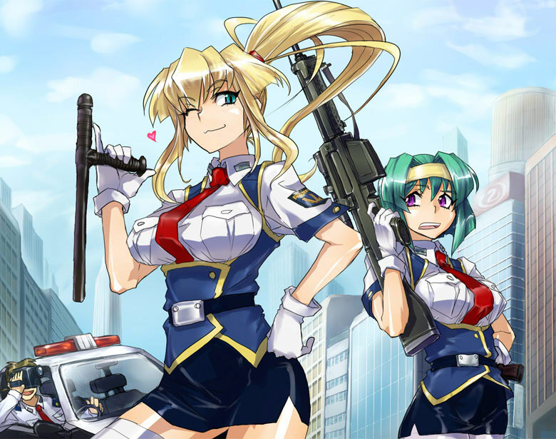 2girls, bangs, baton, belt, burn-up, burn-up_w, camcorder, camera