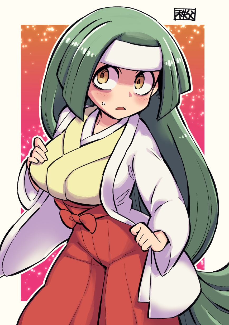 1girl, blush, border, breasts, channeler_(pokemon), chichibu_(chichichibu), coat, commentary_request