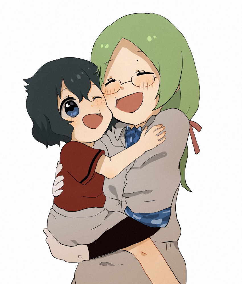 2girls, animal, black_gloves, black_hair, blue_eyes, blush, camouflage_trim, cheek-to-cheek