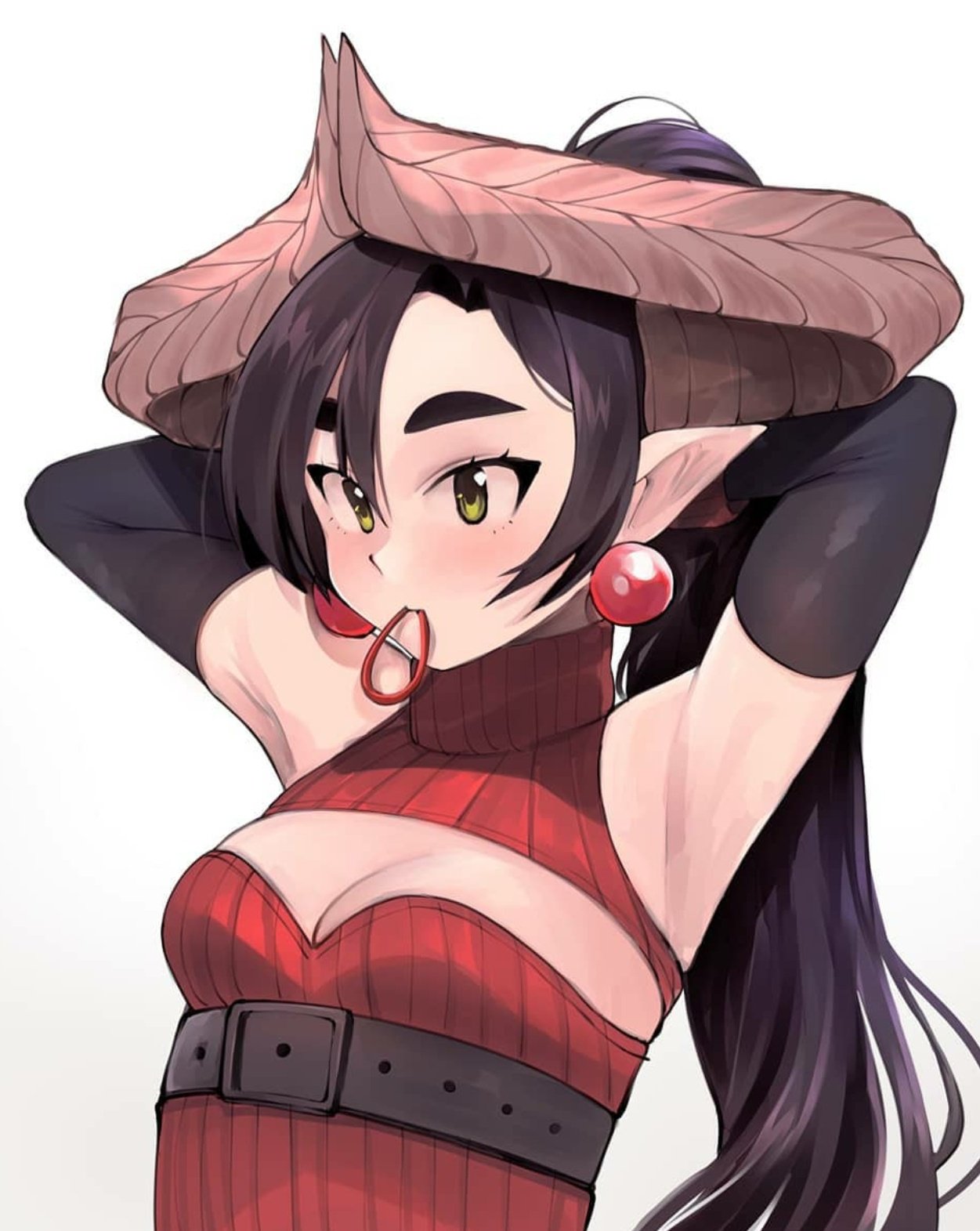 1girl, asymmetrical_bangs, bangs, black_hair, closed_mouth, dragon_girl, dragon_horns, dress