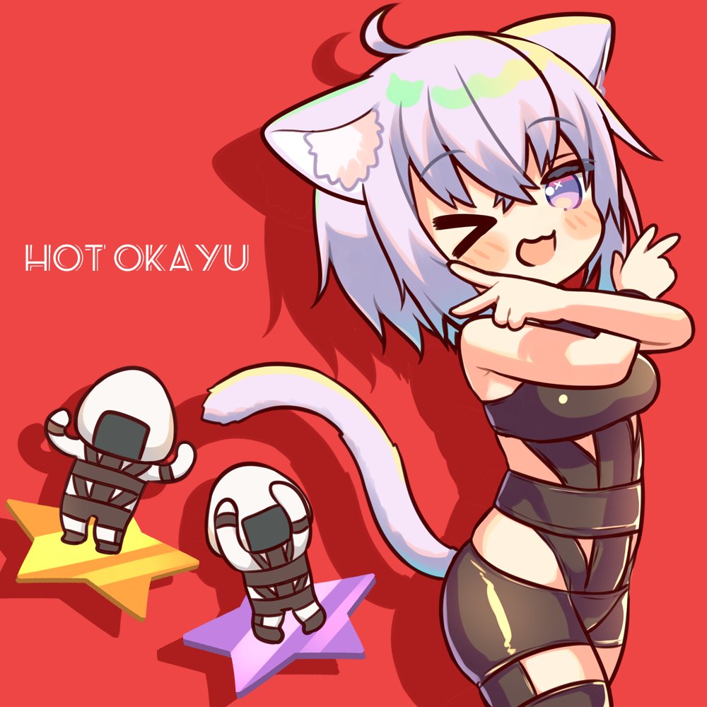 >_o, 1girl, 2others, :3, ahoge, animal_ears, breasts, cat_ears, cat_girl, cat_tail, double_v, hololive, medium_breasts, meopen429, multiple_others, nekomata_okayu, one_eye_closed, onigirya_(nekomata_okayu), purple_hair, red_background, shadow, tail, v, violet_eyes
