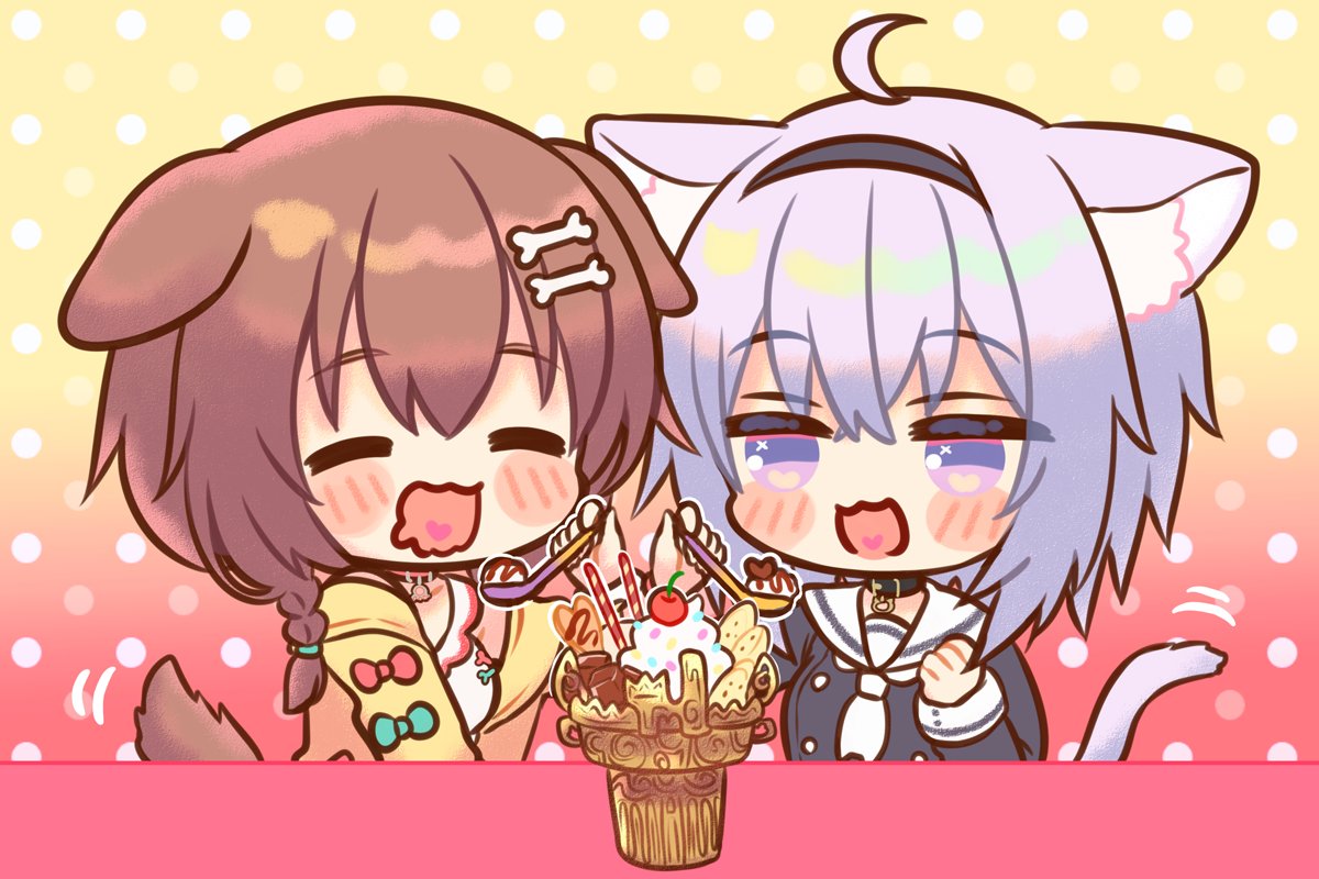2girls, :3, animal_collar, animal_ears, bone_hair_ornament, braid, brown_eyes, brown_hair