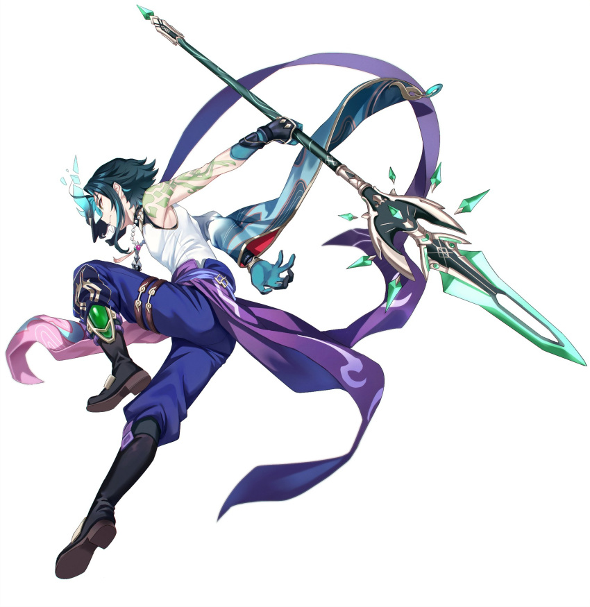 1boy, arm_tattoo, asymmetrical_clothes, bead_necklace, beads, black_footwear, black_hair, blue_hair, bob_(bab67ii), boots, closed_mouth, from_side, full_body, genshin_impact, gloves, highres, holding, holding_weapon, jewelry, male_focus, mask, multicolored_hair, necklace, polearm, simple_background, solo, spear, tattoo, weapon, white_background, xiao_(genshin_impact), yellow_eyes