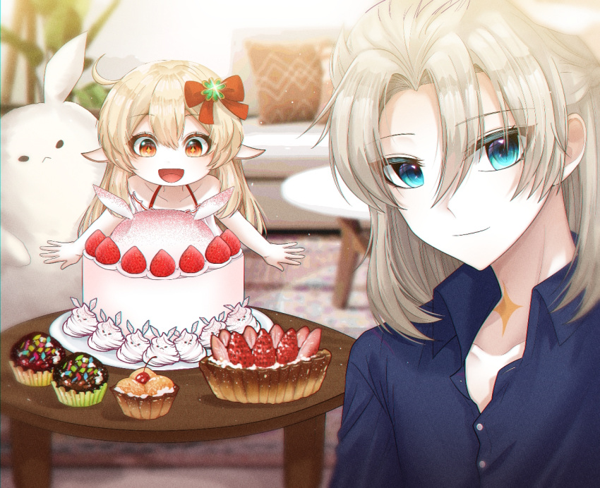 1boy, 1girl, 3d_background, :d, ahoge, albedo_(genshin_impact), alternate_costume, bangs, blurry, brother_and_sister, brown_hair, cake, casual, collarbone, commentary_request, contemporary, couch, cupcake, depth_of_field, food, fruit, gagseol_(user_pnzn5823), genshin_impact, hair_between_eyes, klee_(genshin_impact), light_brown_hair, long_hair, looking_at_viewer, looking_down, low_twintails, male_focus, open_mouth, orange_eyes, pillow, pointy_ears, siblings, sidelocks, silver_hair, smile, spaghetti_strap, strawberry, tabel, twintails