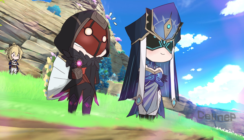 1boy, 2girls, black_hair, blonde_hair, blush, breasts, celinepizza, clouds, cloudy_sky, fatui_pyro_agent_(genshin_impact), genshin_impact, grass, hair_ornament, highres, hood, hoodie, jacket, jean_(genshin_impact), long_hair, long_sleeves, looking_at_viewer, mask, mirror_maiden_(genshin_impact), multiple_girls, sky, smile