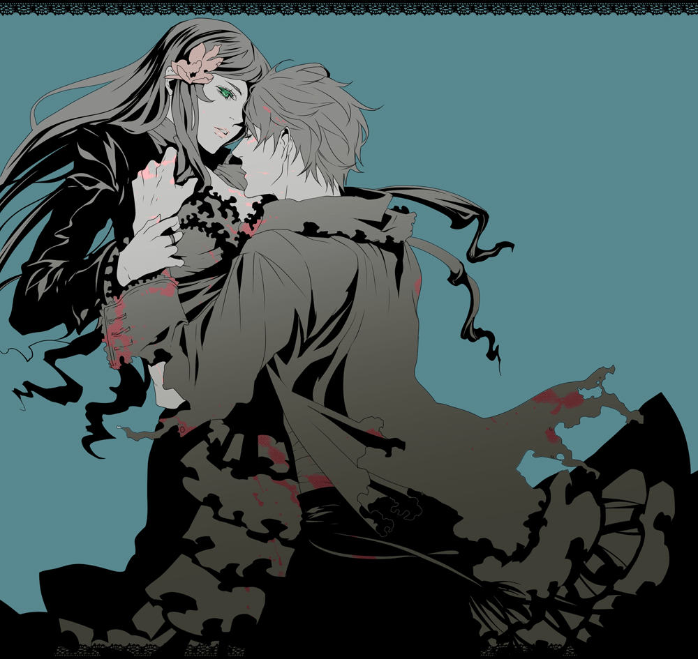 1girl, axis_powers_hetalia, blood, couple, dress, flower, frills, gathers