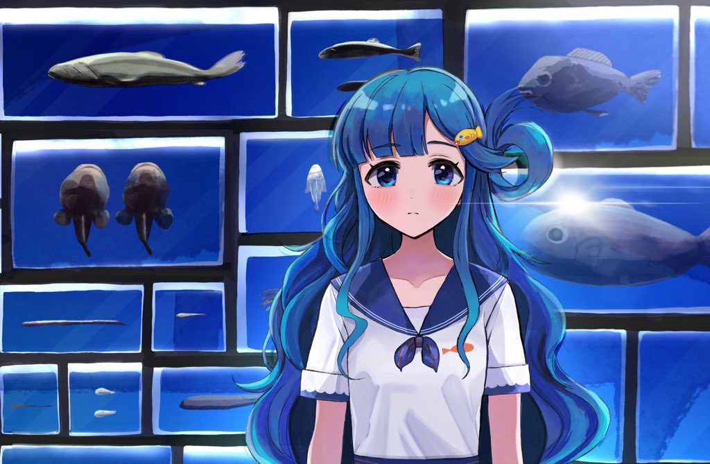 1girl, aquarium, asari_nanami, bangs, blue_eyes, blue_hair, blue_sailor_collar, blunt_bangs