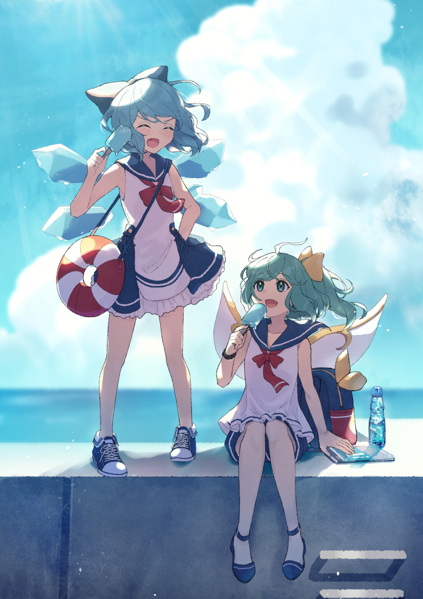 2girls, alternate_costume, ascot, backpack, bag, blue_footwear, blue_hair, blue_shorts