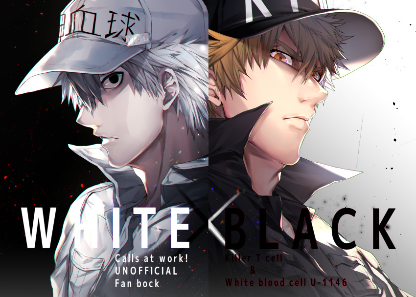 2boys, baseball_cap, black_eyes, black_shirt, blonde_hair, collared_shirt, colored_skin, cover