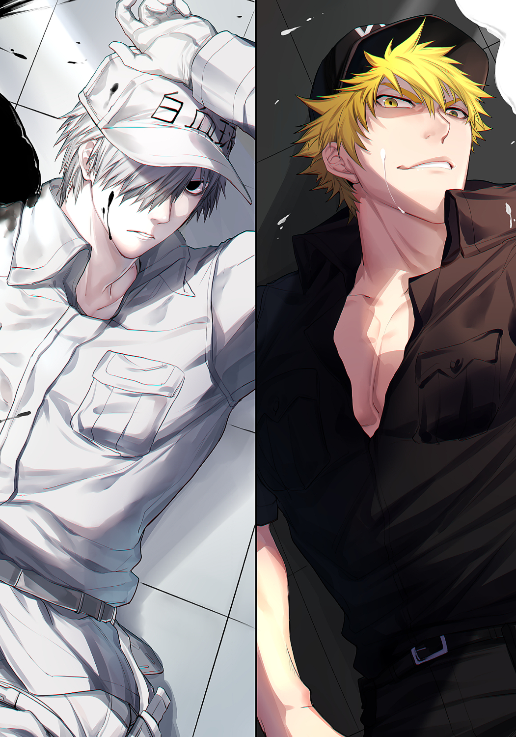 2boys, baseball_cap, black_pants, black_shirt, blonde_hair, blood, blood_on_face, colored_skin