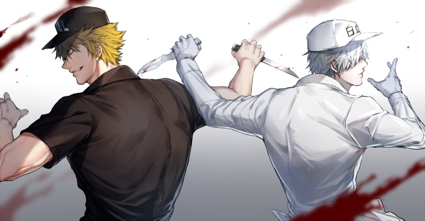 2boys, baseball_cap, black_shirt, blonde_hair, blood, blood_splatter, bloody_weapon, colored_skin