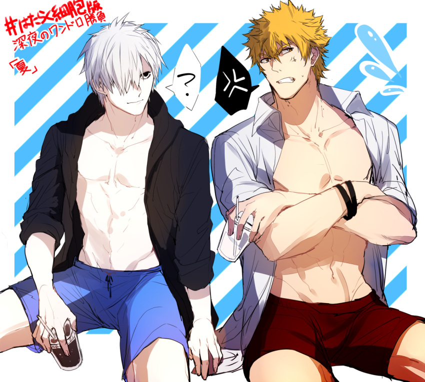 2boys, ?, abs, alternate_costume, anger_vein, bare_pectorals, black_jacket, blonde_hair
