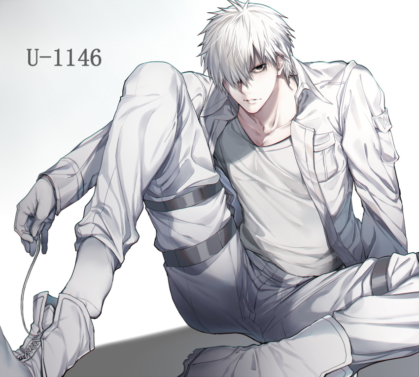 1boy, black_eyes, colored_skin, feet_out_of_frame, hair_over_one_eye, harness, hataraku_saibou, highres