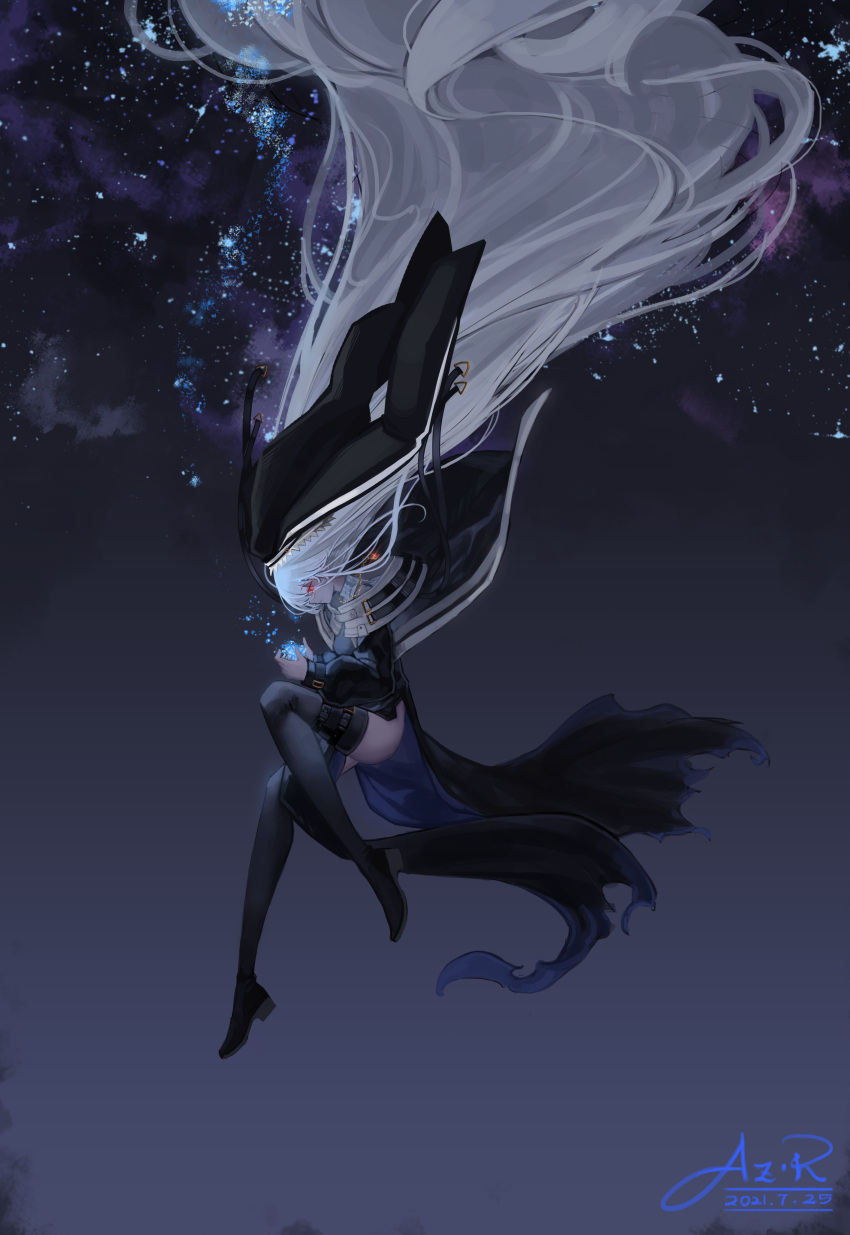 1girl, absurdres, aoki_(areek0okl), arknights, ass, bangs, black_coat, black_dress, black_footwear, black_headwear, black_legwear, boots, breasts, chinese_commentary, coat, commentary_request, dated, dress, from_side, full_body, grey_hair, habit, highres, jewelry, long_hair, long_sleeves, looking_at_viewer, medium_breasts, midair, necklace, night, open_clothes, pelvic_curtain, red_eyes, signature, sky, solo, specter_(arknights), star_(sky), starry_sky, thigh-highs, thigh_boots, thigh_strap, thighs