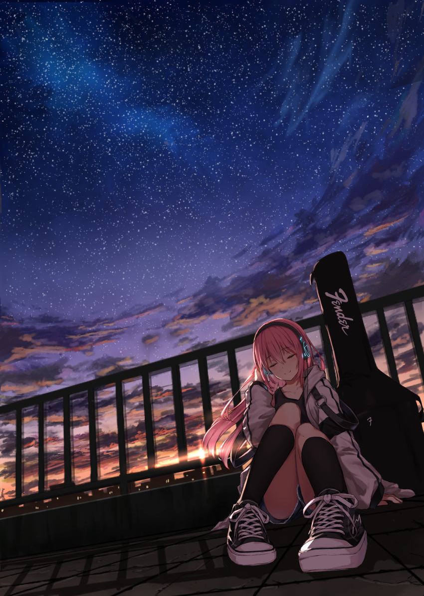 1girl, absurdres, bangs, chacha_zo, closed_eyes, clouds, cloudy_sky, eyebrows_visible_through_hair