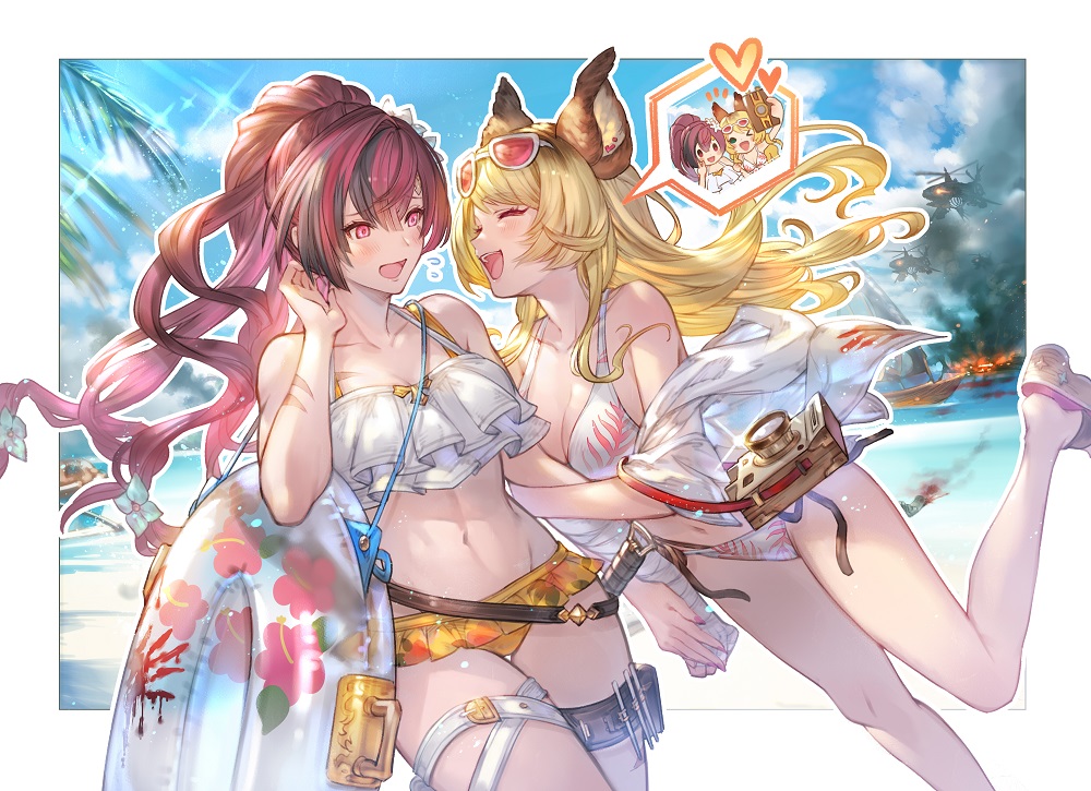 2girls, aircraft, animal_ears, arm_hug, bandaged_arm, bandages, beach, bikini