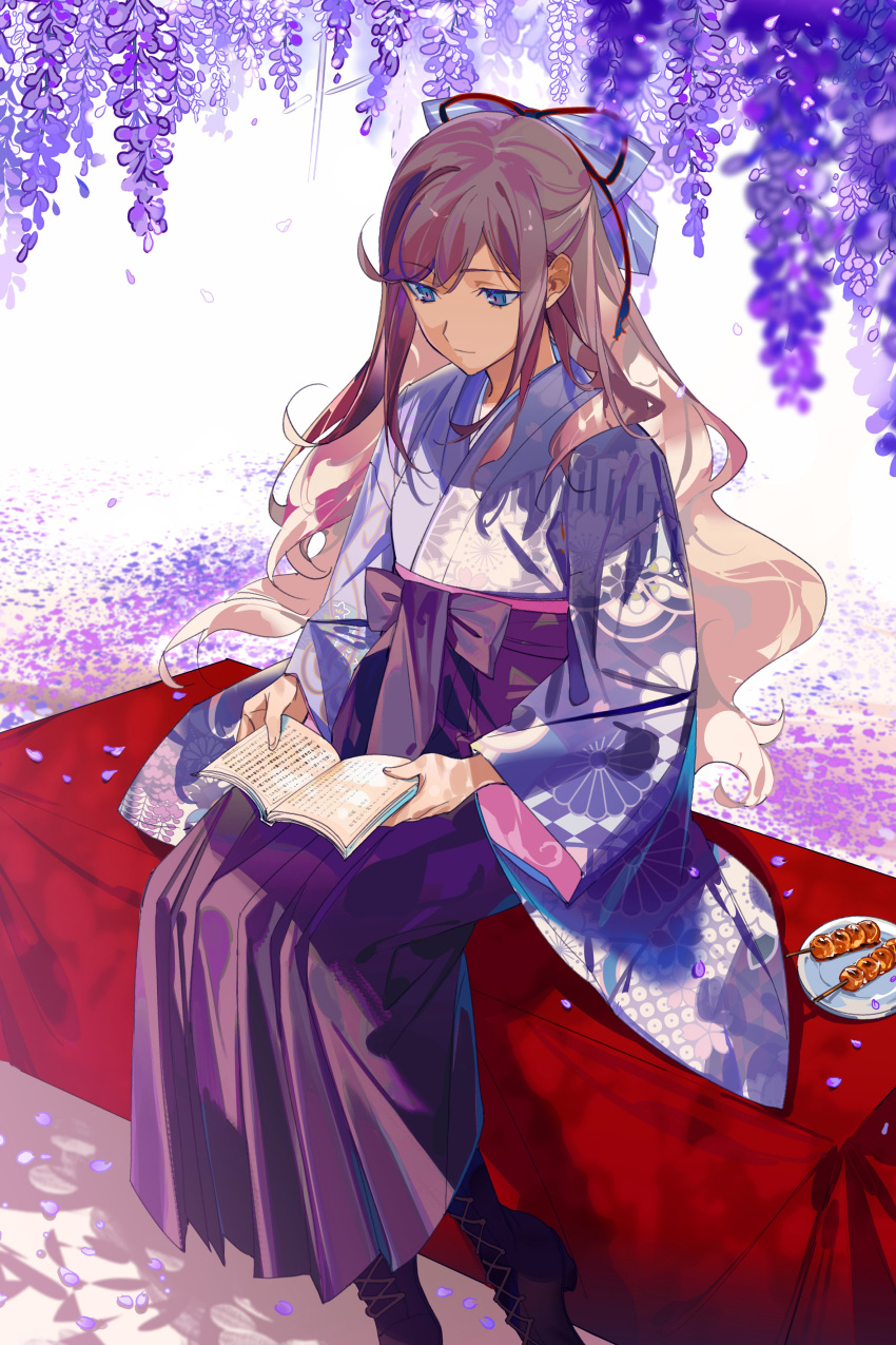 1girl, absurdres, aokiku, bangs, bench, blue_eyes, book, boots, bow, brown_hair, cross-laced_footwear, dango, flower, food, hair_bow, hair_ribbon, highres, japanese_clothes, kimono, lace-up_boots, lavender_bow, lavender_kimono, long_hair, looking_down, obi, original, petals, plate, purple_bow, purple_kimono, reading, red_ribbon, ribbon, sash, shadow, sitting, solo, very_long_hair, wagashi, wavy_hair, wide_sleeves, wisteria