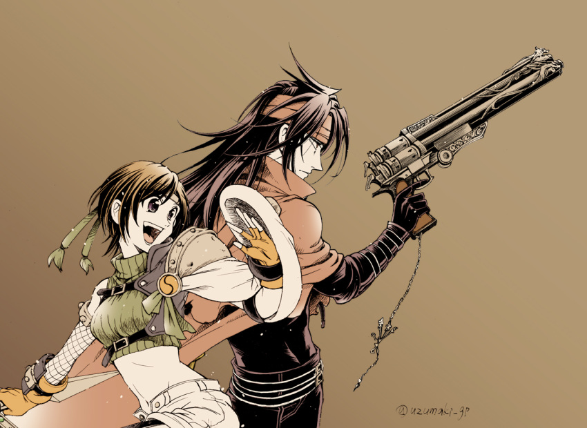 1boy, 1girl, arm_guards, black_hair, cloak, crop_top, final_fantasy, final_fantasy_vii, gloves, gun, headband, keychain, long_hair, midriff, revolver, short_hair, smile, uzumaki_(skydirt), vincent_valentine, weapon, yuffie_kisaragi