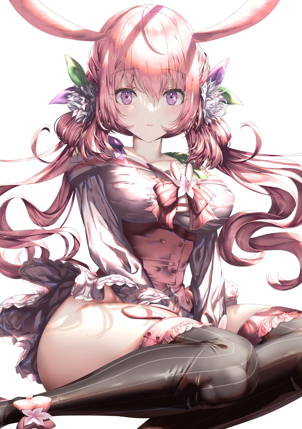 1girl, animal_ears, bangs, black_legwear, bow, breasts, collarbone, eyebrows_visible_through_hair