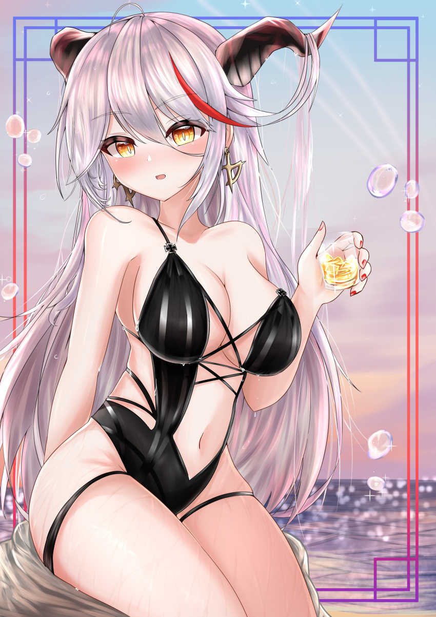 1girl, absurdres, aegir_(azur_lane), azur_lane, black_swimsuit, breasts, center_opening, cross, cross_earrings, cup, demon_horns, earrings, eyebrows_visible_through_hair, hair_on_horn, highres, holding, holding_cup, horns, ice, ice_cube, iron_cross, jewelry, large_breasts, long_hair, looking_at_viewer, min1910, multicolored_hair, ocean, redhead, sitting, solo, stone, streaked_hair, swimsuit, thigh_strap, thighs, two-tone_hair, very_long_hair, water, white_hair, yellow_eyes