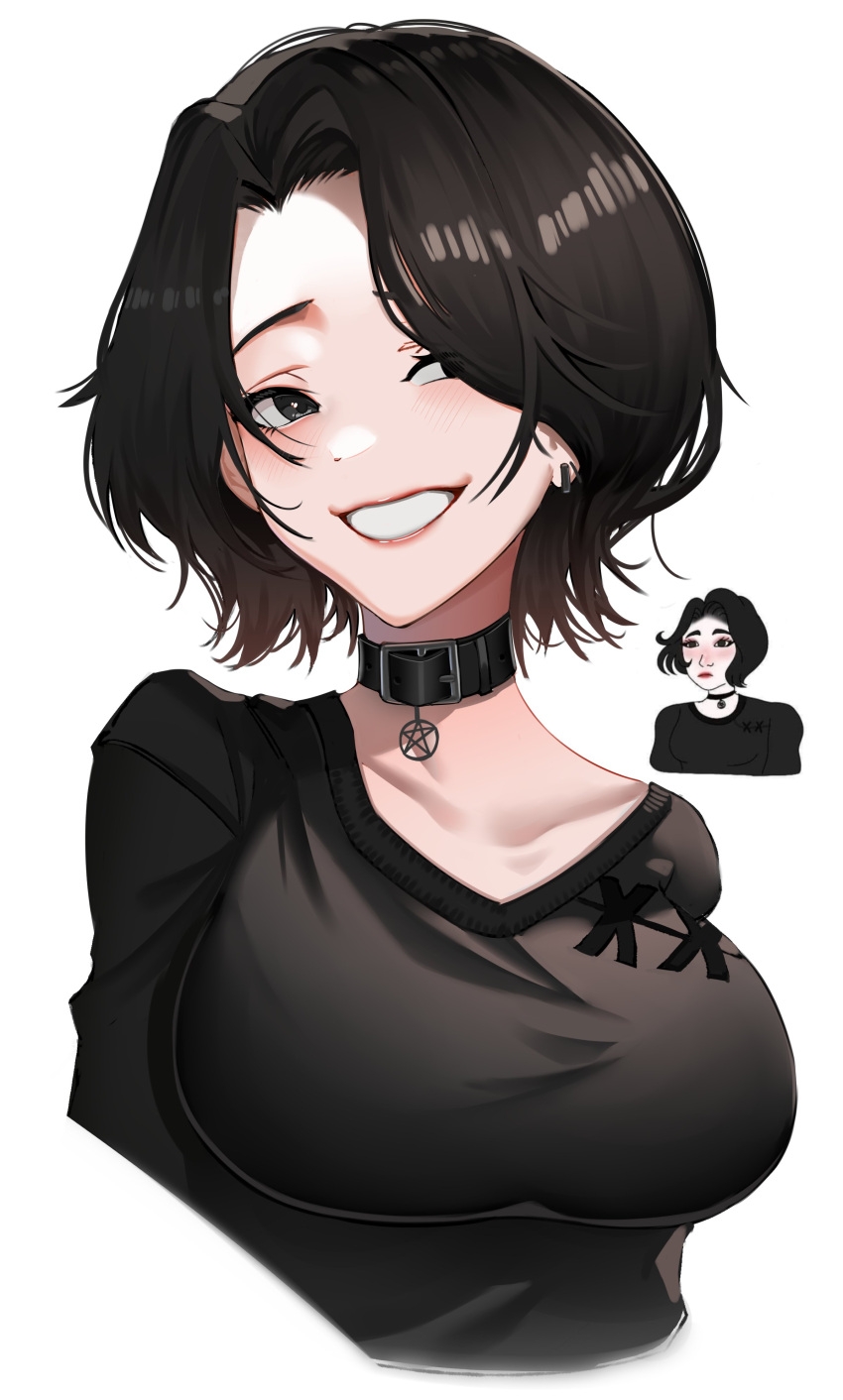 1girl, absurdres, bangs, belt_collar, black_eyes, black_hair, black_shirt, breasts