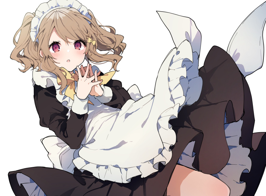 1girl, :o, absurdres, apron, blush, bow, bowtie, brown_hair, hair_bow, highres, ikeuchi_tanuma, long_sleeves, looking_at_viewer, maid, maid_headdress, original, red_eyes, short_hair, simple_background, solo, thighs, tino_(ikeuchi_tanuma), white_apron, white_background, yellow_bow, yellow_neckwear