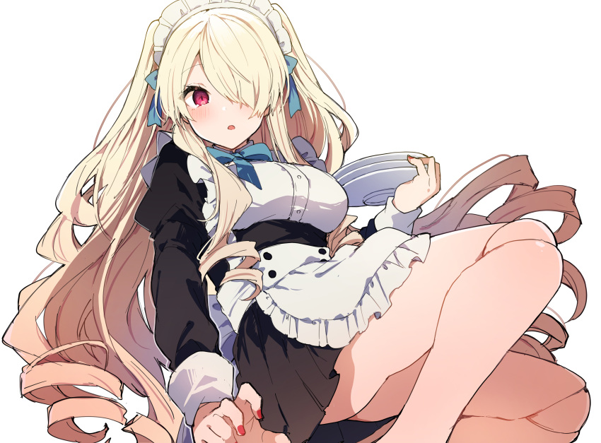 1girl, absurdres, apron, bangs, black_dress, blonde_hair, blue_neckwear, blush