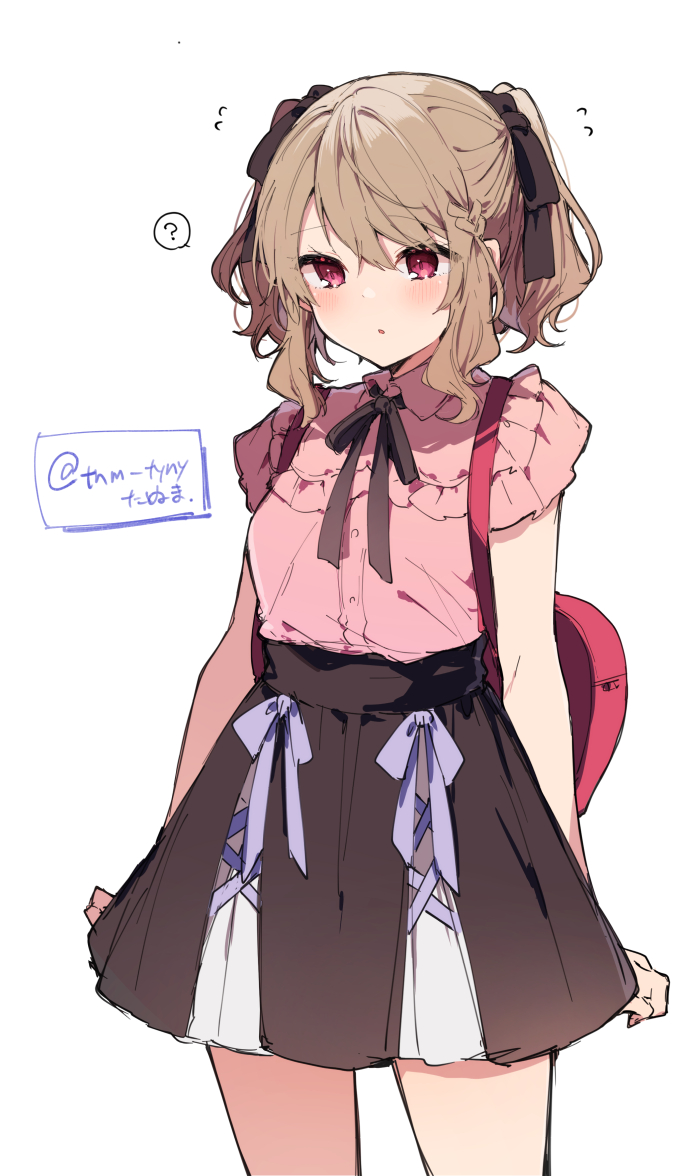 1girl, ?, backpack, bag, blush, brown_hair, brown_ribbon, brown_skirt