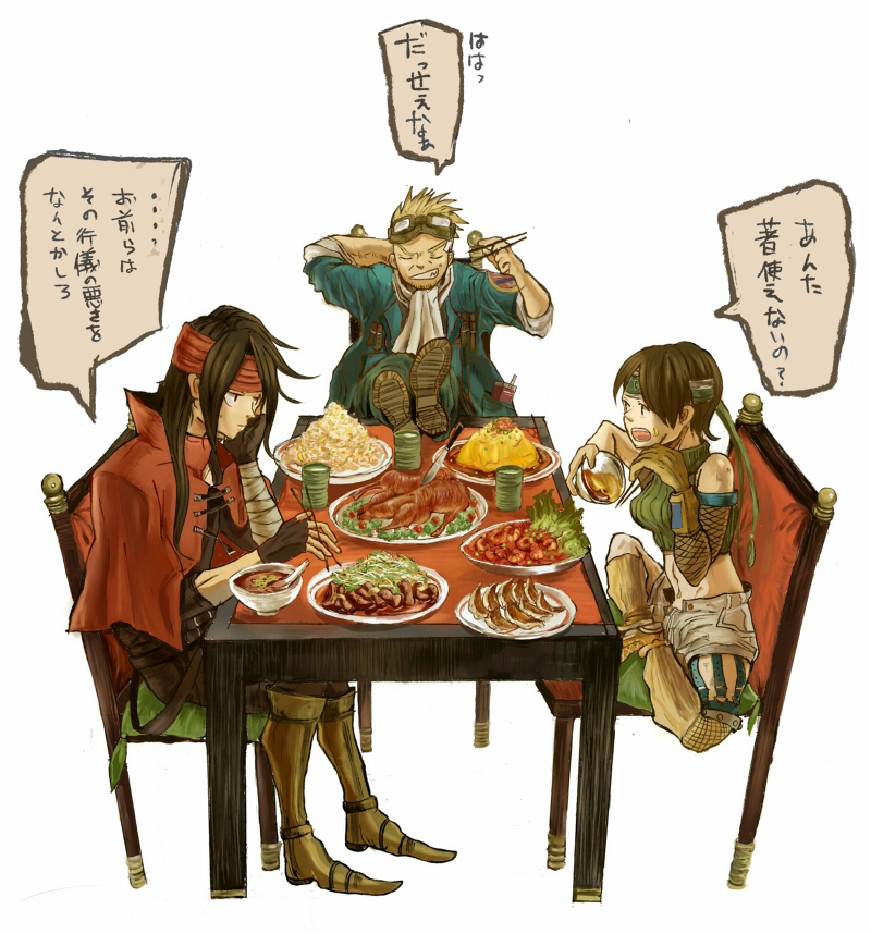 1girl, 2boys, blonde_hair, cid_highwind, cloak, crop_top, dinner, final_fantasy, final_fantasy_vii, food, gloves, goggles, headband, jacket, momonaa, multiple_boys, pointed_footwear, scarf, shorts, vincent_valentine, yuffie_kisaragi
