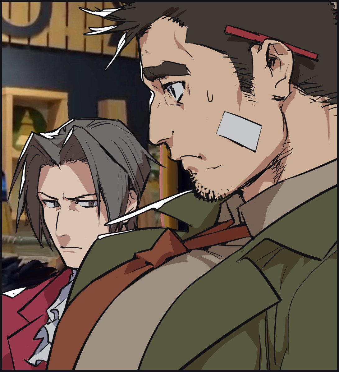2boys, bandaid, bandaid_on_cheek, behind_ear, black_hair, breast_envy, brown_hair, bursting_pectorals