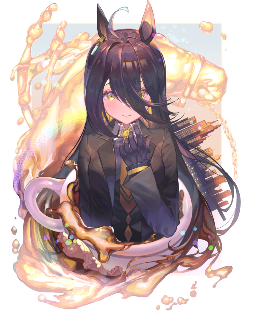 1girl, ahoge, animal_ears, bangs, black_gloves, black_hair, coffee, coffee_mug