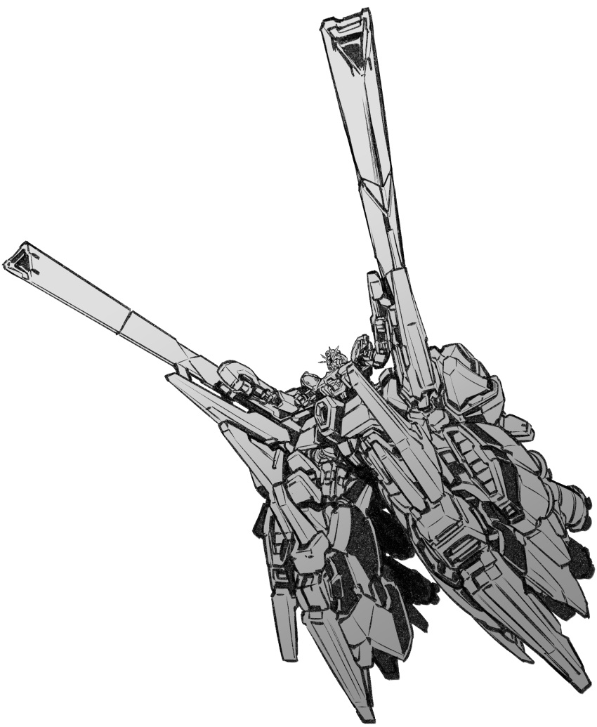 absurdres, dual_wielding, greyscale, gun, gundam, gundam_narrative, highres, holding