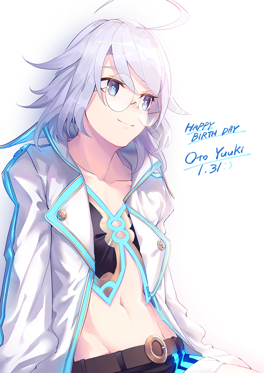 1girl, ahoge, blue_eyes, eyebrows_visible_through_hair, glasses, highres, jacket, long_hair
