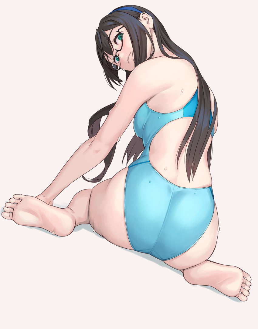 1girl, alternate_costume, ass, bare_arms, bare_legs, bare_shoulders, barefoot, black_hair