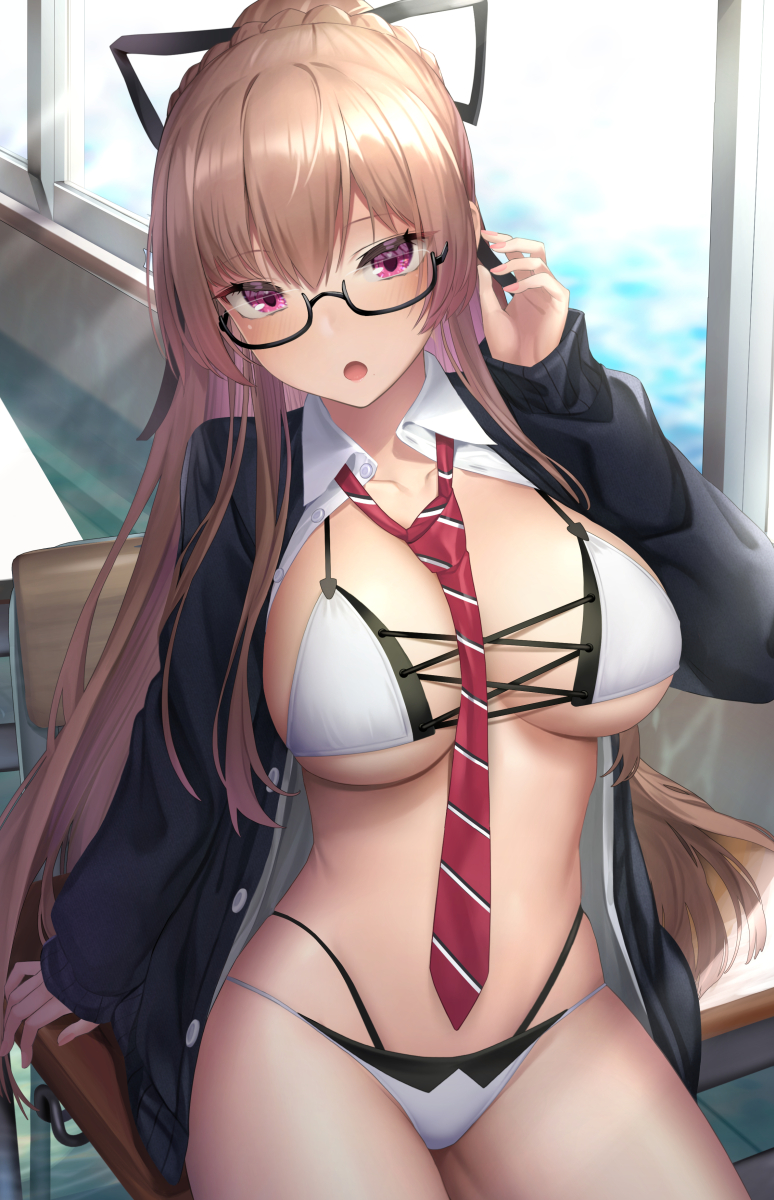 1girl, :o, azur_lane, between_breasts, bikini, black-framed_eyewear, black_jacket, breasts
