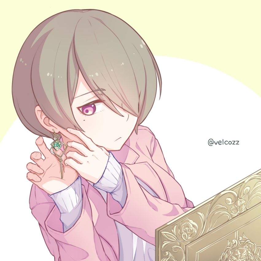 1girl, bangs, brown_hair, casual, closed_mouth, earrings, hair_between_eyes, hair_over_one_eye, honkai_(series), honkai_impact_3rd, jacket, jewelry, looking_to_the_side, mole, mole_under_eye, pink_jacket, rita_rossweisse, shirt, short_hair, solo, velcozz, violet_eyes, white_shirt