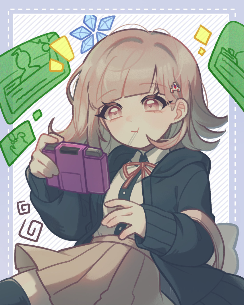 1girl, :t, absurdres, animal_bag, bangs, black_jacket, black_legwear, black_shirt