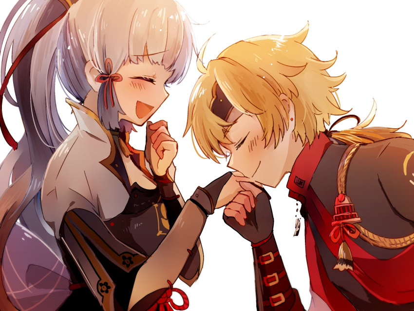 1boy, 1girl, ahoge, armor, bangs, black_gloves, blonde_hair, blunt_bangs, blush, breastplate, breasts, closed_eyes, closed_mouth, commentary_request, earrings, eyebrows_visible_through_hair, fingerless_gloves, from_side, genshin_impact, gloves, hair_ornament, hair_ribbon, headband, hetero, highres, horned_headwear, japanese_clothes, jewelry, kamisato_ayaka, kiss, kissing_hand, long_hair, necklace, open_mouth, ponytail, ribbon, sidelocks, simple_background, smile, stud_earrings, thoma_(genshin_impact), white_background, yuuzatta