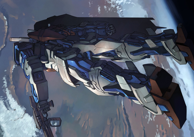 beam_rifle, earth, from_behind, gun, gundam, gundam_astray_blue_frame, gundam_seed, gundam_seed_astray